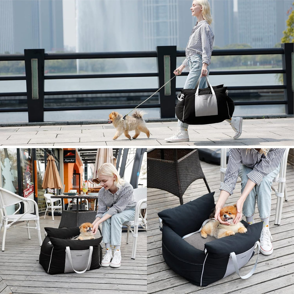Lesure Small Dog Car Seat for Small Dogs - Waterproof Dog Booster Car Seat with Storage Pockets, Clip-On Safety Leash and Thickened Memory Foam Filling, Pet Carseat Puppy Travel Carrier Bed, Black