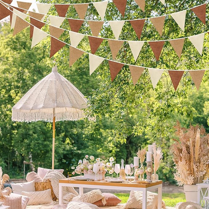 32Ft Brown Party Decorations Boho Pennant Banner Fabric Triangle Flag Linen Bunting Garland Streamers for Woodland Teddy Bear Baby Shower Jungle Safari Birthday Home Nursery Outdoor Garden Decor
