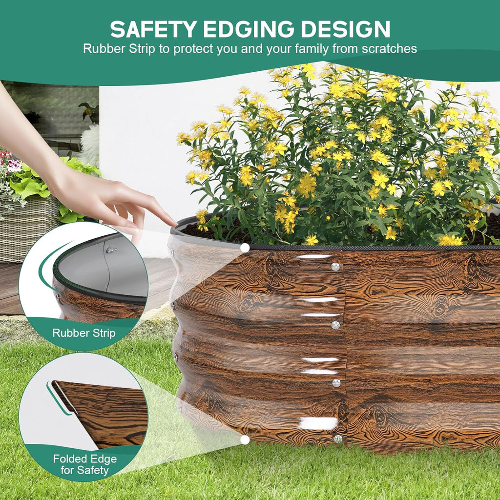 Galvanized Raised Garden Bed Outdoor - 4×2×1ft Planter Raised Beds for Gardening | Oval Metal Garden Planter Box with Safety Edging and Gloves for Vegetables Fruits and Flowers - Grain