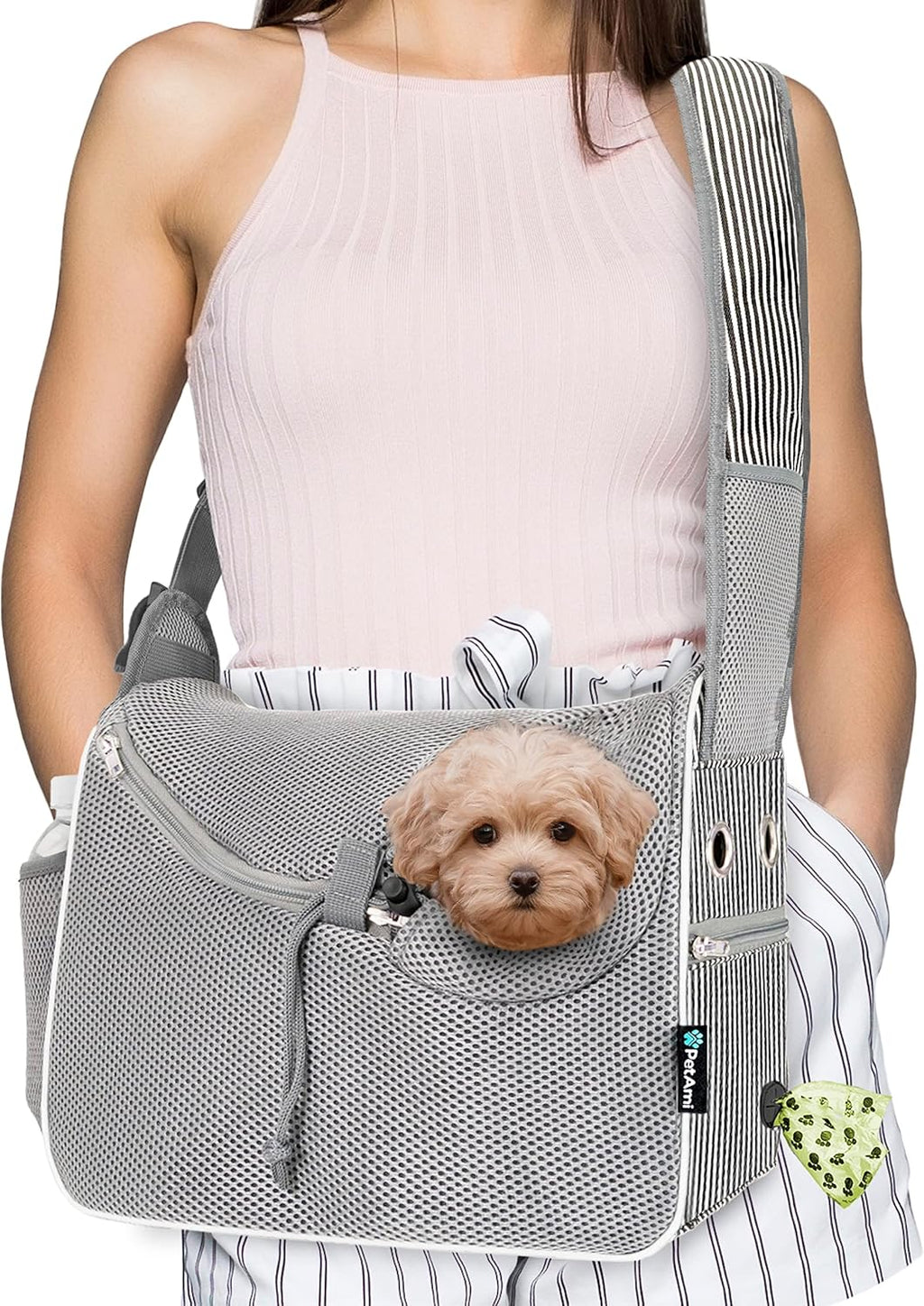 PetAmi Small Dog Sling Carrier, Soft-Sided Crossbody Puppy Carrying Purse Bag, Adjustable Sling Pet Pouch to Wear Medium Cat Travel, Dog Bag for Traveling, Poop Bag Dispenser, Max 10 lbs, Stripe Black