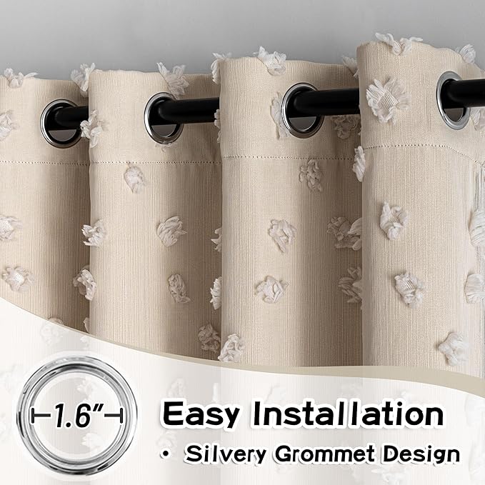 MYSKY HOME Beige Curtains for Bedroom 90 Inches Long Living Room Curtain with Beige Pom Pom Sheer for Dining Room Grommet Double Layer Nursery Curtain Toddler Room Darkening Window Drapes 52 Wide