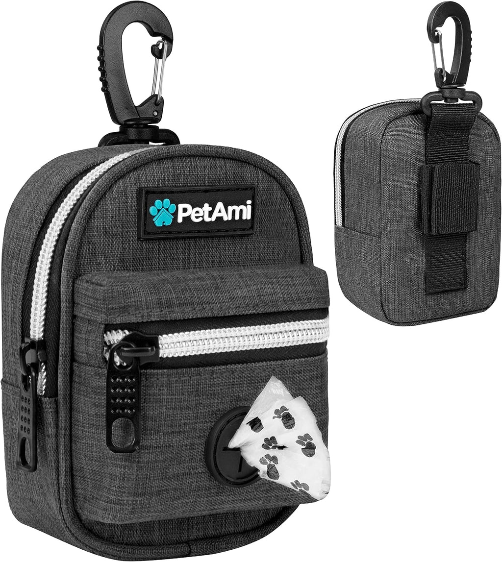 PetAmi Dog Poop Bag Holder for Leash, Dog Pet Waste Bag Dispenser For Poop With Clip, Doggy Puppy Walking Accessories Travel Camping, Dog Treat Pouch Supplies Must Have With Dog Bag Roll, Dark Gray