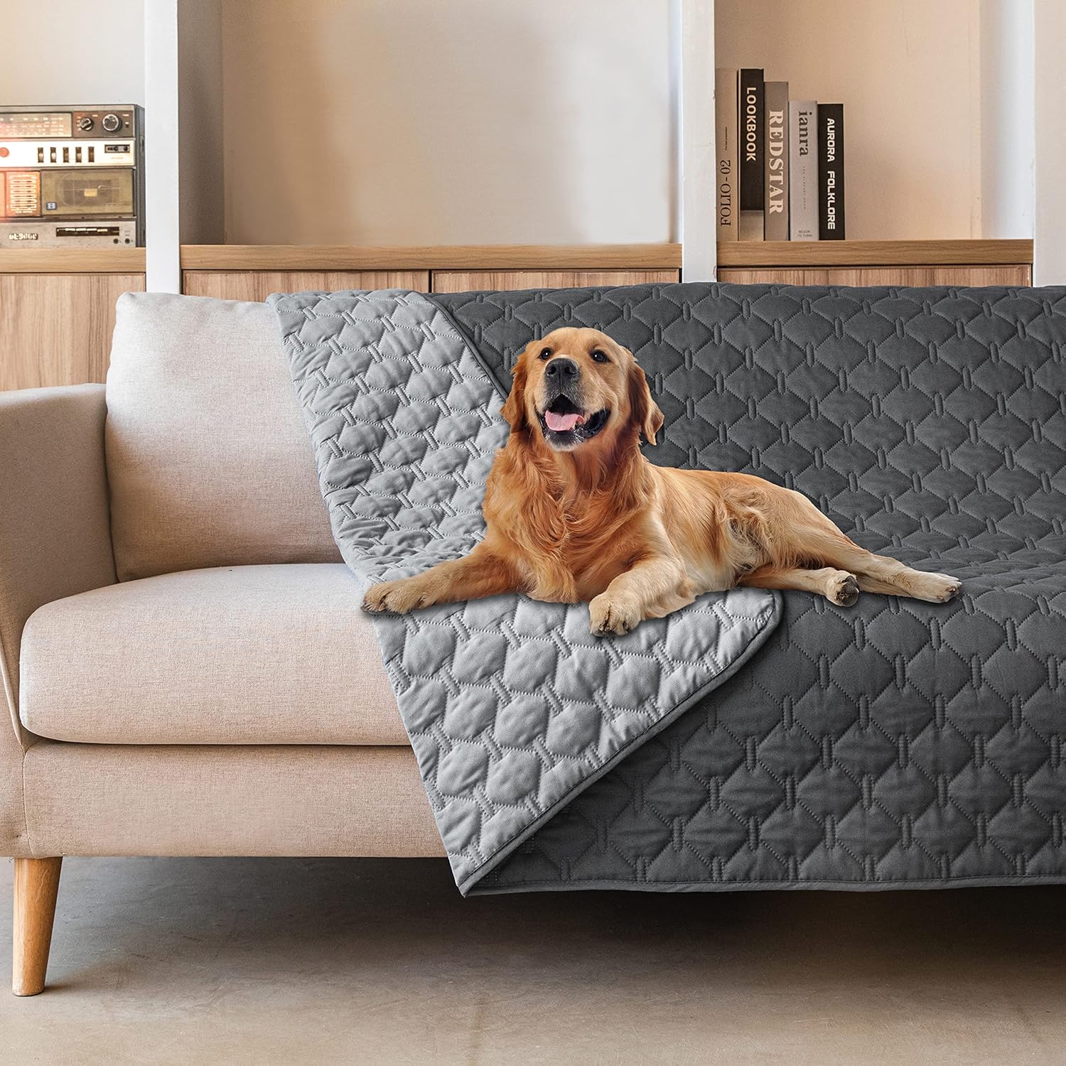 gogobunny 3X Stronger Waterproof Pet Blanket, Scratch Proof Furniture Protector for Dogs Cats, Reversible Cover 52x82 Inch, Dark Grey/Light Grey