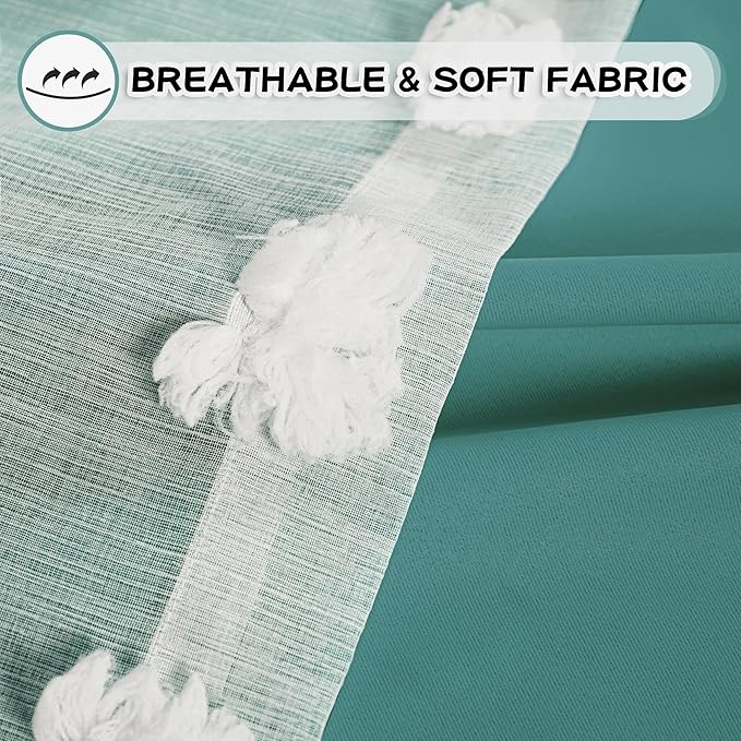 MYSKY HOME 90 Inches Long Teal Curtains for Living Room Nursery Curtains for Bedroom Double Layer Curtains White Pom Pom Sheer Curtains for Dining Room Grommet Room Darkening Window Panels W52 X L90