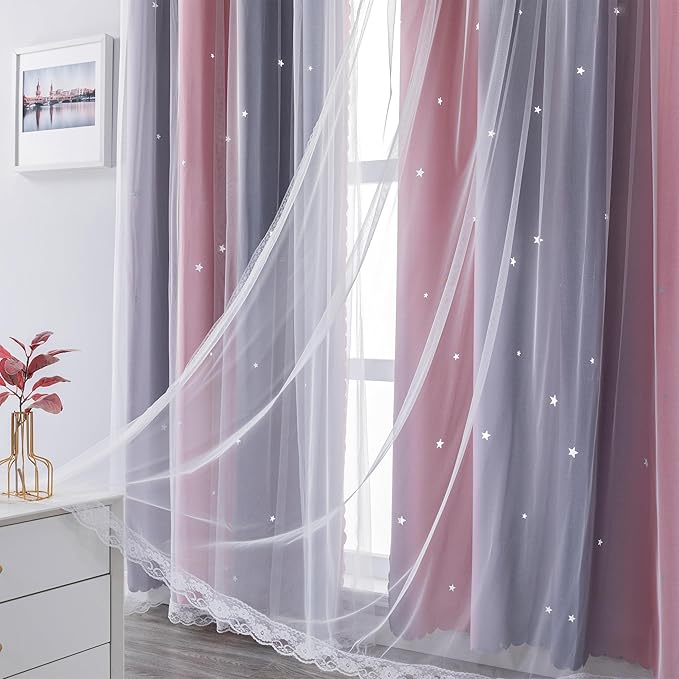 XiDi Curtains for Girls Bedroom Decro,Full Blackout 84 Inches Long for Kids Room, Colorful Rainbow Design, Unicorn Wall Decor Ombre Curtains, Princess Room Pink/Grey
