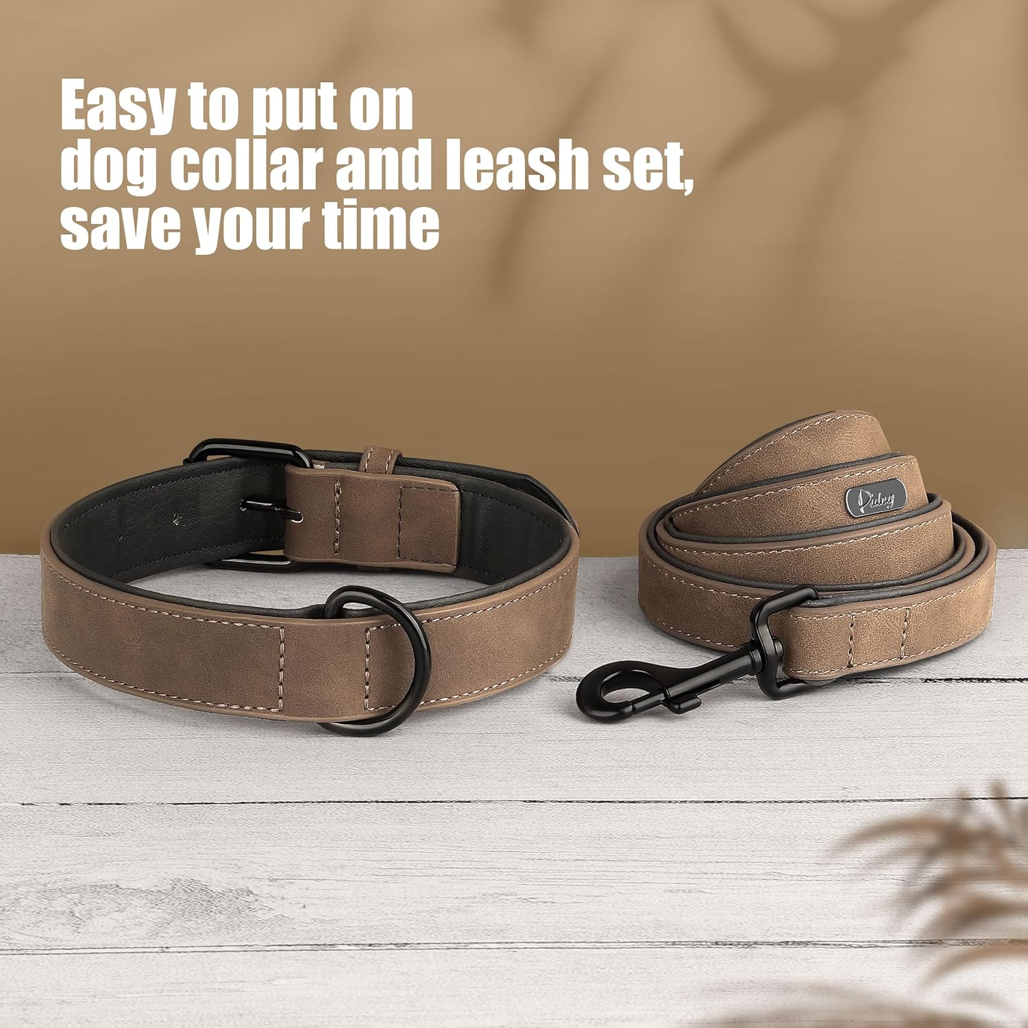 Didog Soft Padded Leather Dog Collar and Leash Set, Adjustable Dog Leash and Collar Set with Metal Buckle, Breathable Dog Collars with 4FT Leather Dog Leash for Small Medium Large Dogs, Brown, XL