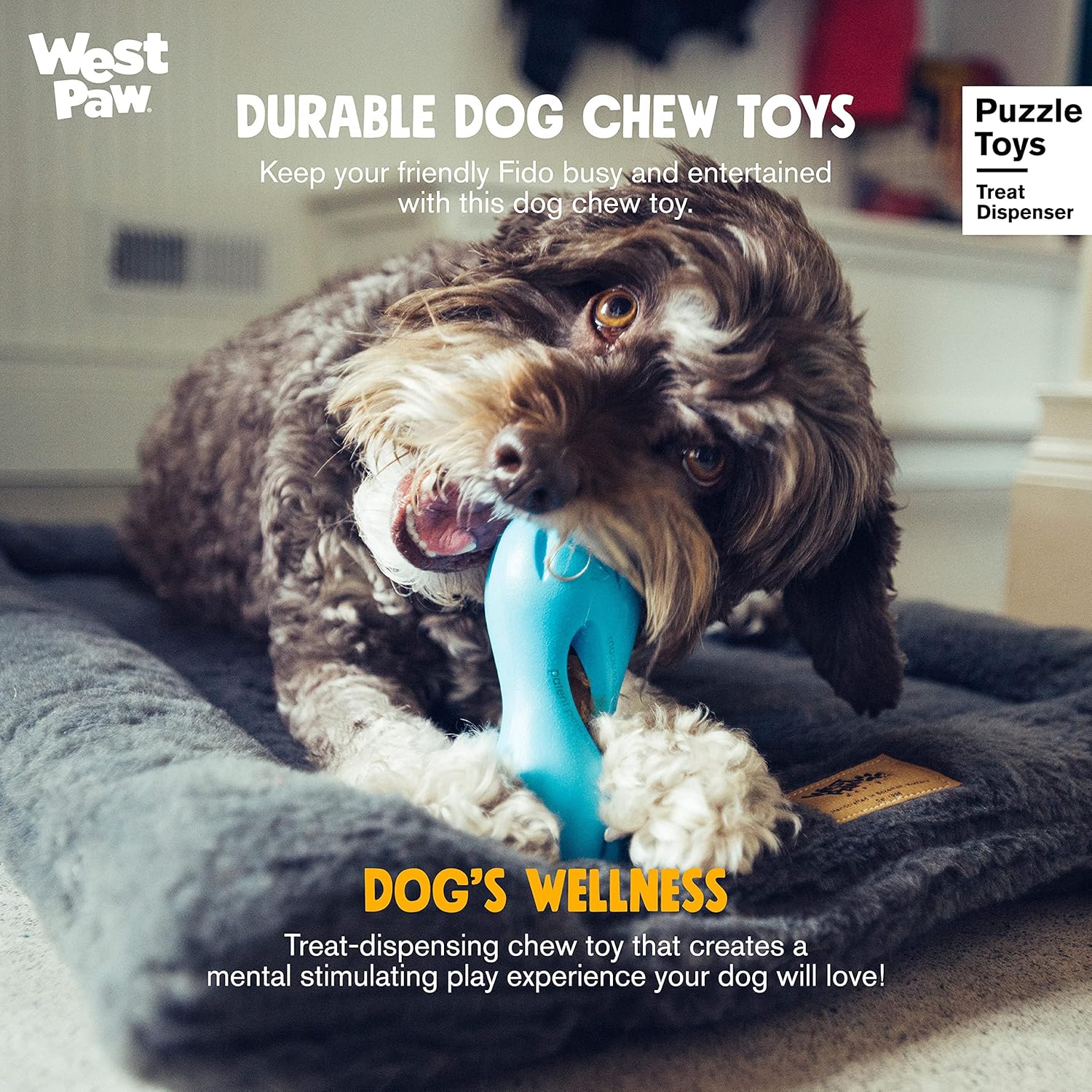 West Paw Zogoflex Qwizl Interactive Treat Dispensing Dog Puzzle Treat Toy for Dogs, 100% Guaranteed Tough, It Floats!, Made in USA, Large, Aqua Blue