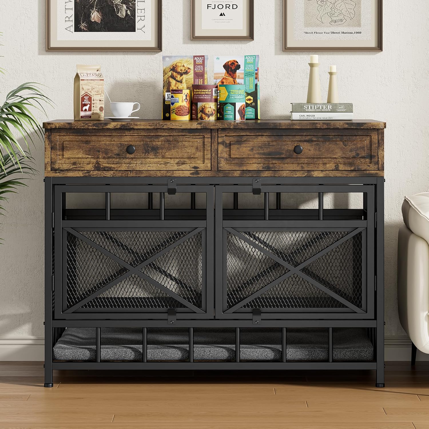 IRONCK 44 inch Large Dog Crate Furniture, Wooden Dog Kennel with Storage Drawers for Medium/Large Dogs, Decorative Dogs Kennel Indoor, Rustic Brown