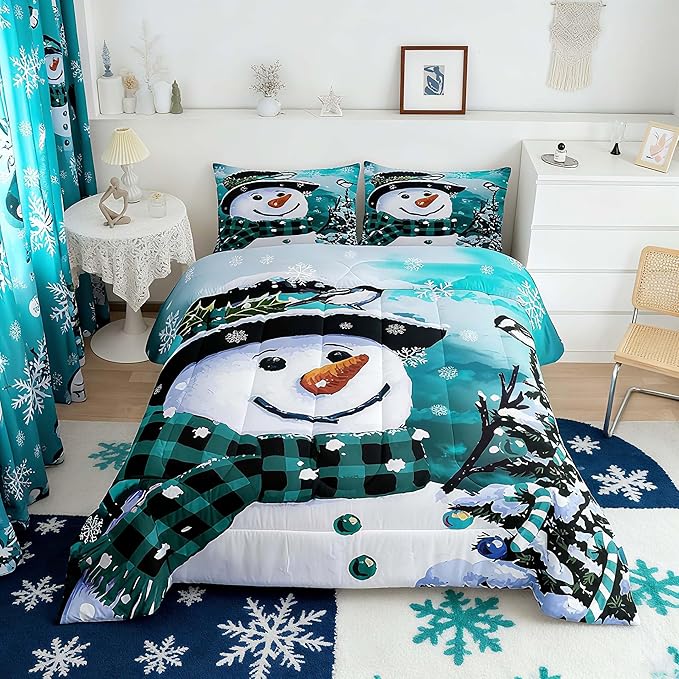 Feelyou Kids Christmas Theme Decorations Bedding Set Xmas Snowman Comforter Set for Boys Girls Watercolor Teal Bedroom Collection King Size