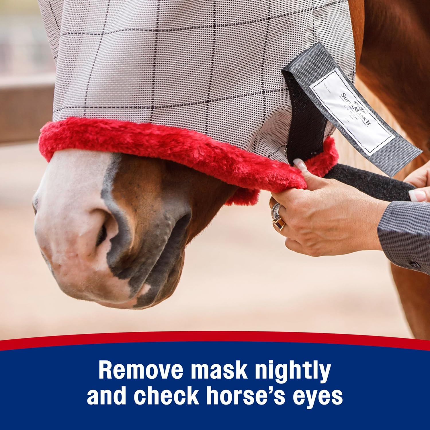 Farnam SuperMask II horse fly mask without ears, extended coverage, protects eyes from insects and debris, adjustable throat latch, Average Horse Size