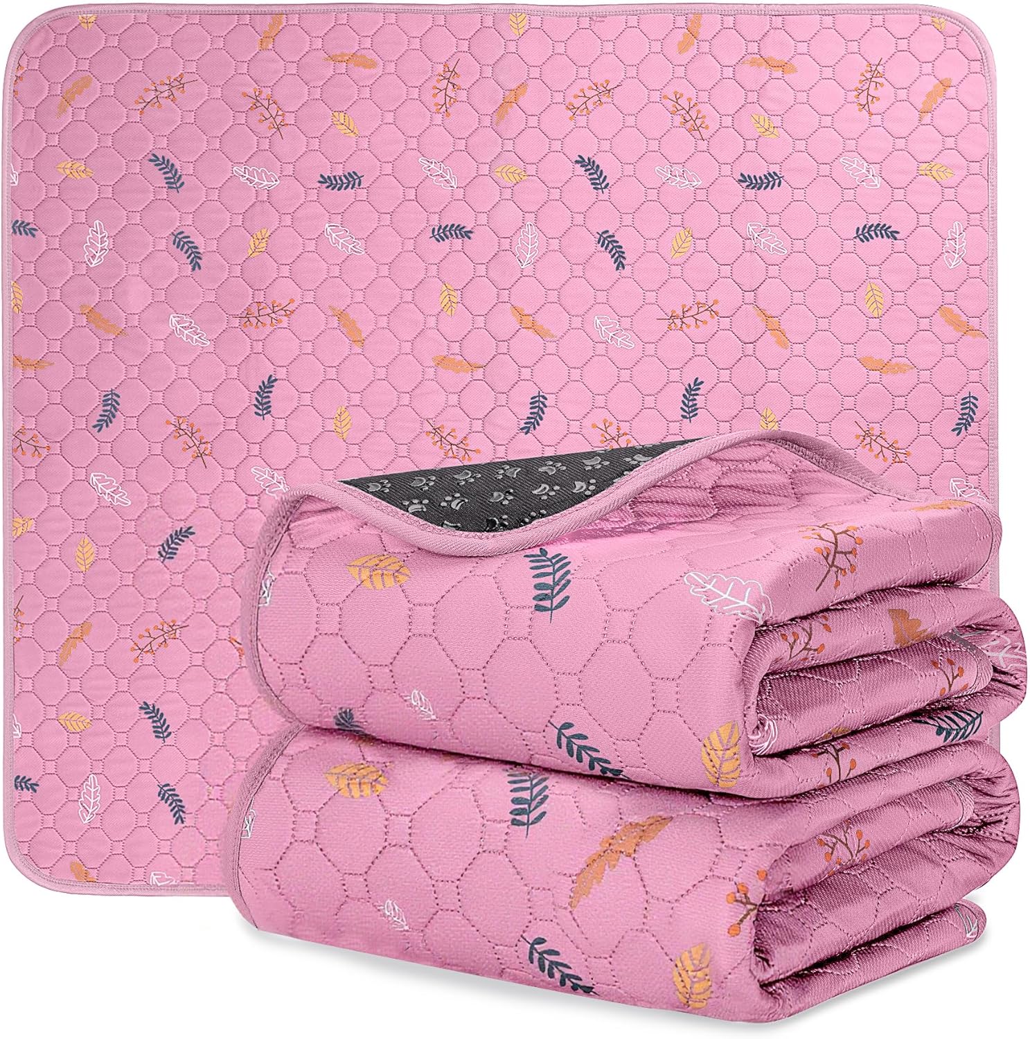 Sunheir Washable Pee Pads for Dogs 2-Pack Reusable Puppy Pads Pet Training Pads, Waterproof Dog Pee Pads for Crate, Whelping Pad, Non-Slip Protects Against Urine Leakage (Leaves - Pink, 18x24)