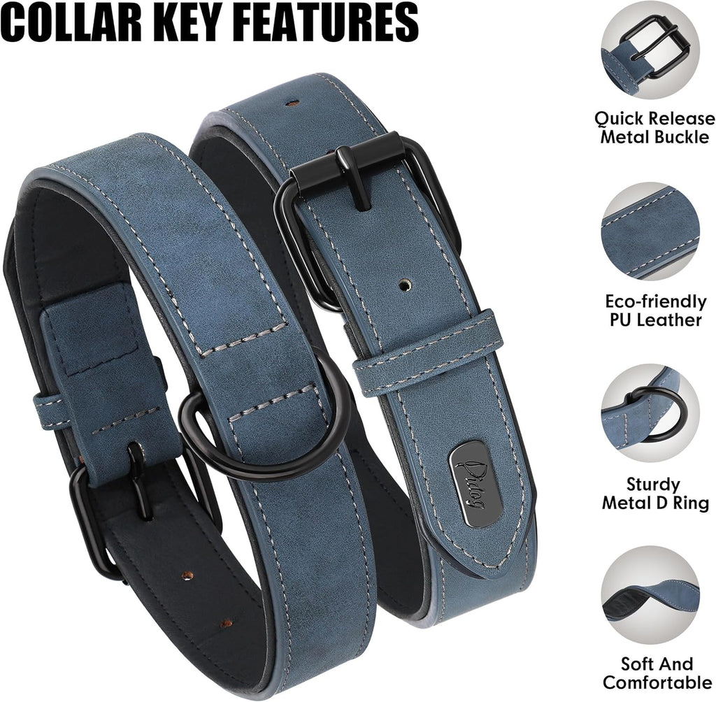 Didog Soft Padded PU Leather Dog Collar, Breathable and Adjustable Dog Collars for Medium Dogs, Comfortable for Daily Walk, Blue, L Fit Neck 13-17"(22-44 lbs)