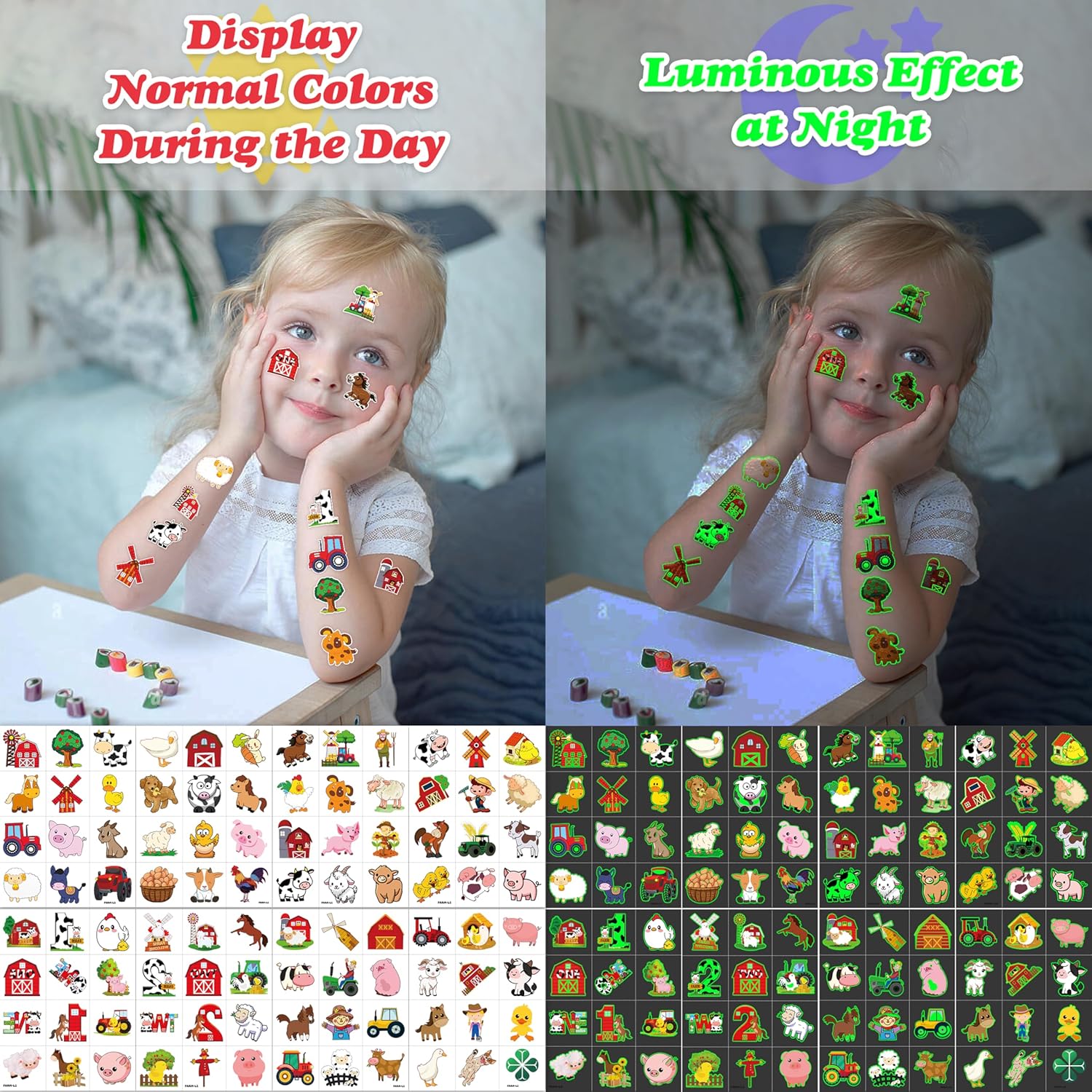 96 PCS Farm Barnyard Animal Glow In The Dark Pre-Cut Temporary Tattoos Sticker 1st First 2nd Birthday Decorations Party Favors Supplies Gift Boy Girl Farmhouse Tattoo School Reward Themed (Luminous)