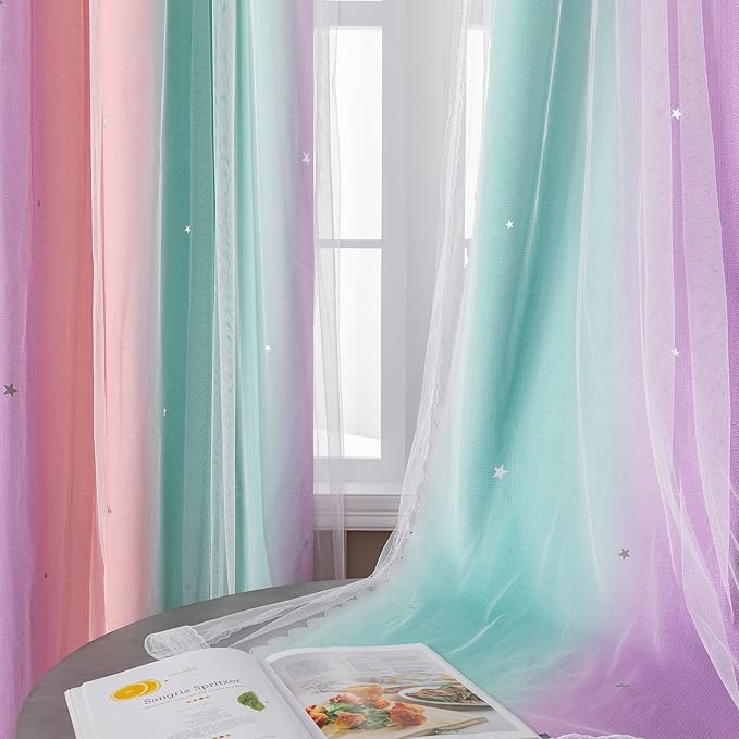 XiDi Curtains for Girls Bedroom, Full Blackout for Kids Room, Colorful Rainbow Design, Unicorn Wall Decor Pink Ombre Curtains Princess Room 72 Inches Long 34 Wide 2 Panel Sets Pink Purple Green