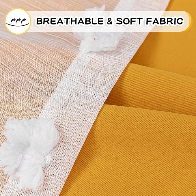 MYSKY HOME Yellow Curtains for Bedroom 54 Inch Long Double Layer Curtains for Kids Room Kithen White Pom Pom Sheer Nursery Curtains Grommet Room Darkening Small Window Curtains 2 Panels 52" x 54"