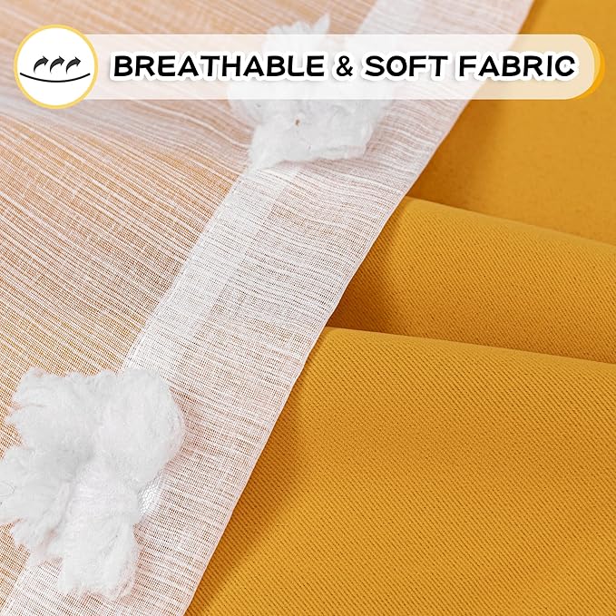 MYSKY HOME Yellow Curtains 90 Inch Long for Bedroom Nursery Curtains for Kids Room Double Layer Curtains for Living Room White Pom Pom Sheer Curtains Grommet Room Darkening Window Panels 52" x 90"
