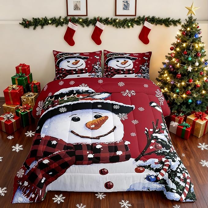 Feelyou Kids Christmas Theme Decorations Bedding Set Xmas Snowman Comforter Set for Boys Girls Snowflake Kawaii Cute Comforter Red Quilt Set Bedroom Collection Twin Size