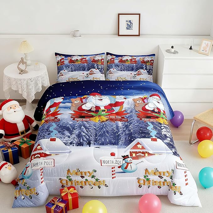 Feelyou Kids Christmas Twin Size Decorations Bedding Set Xmas Santa Claus Pine for Boys Girls Merry Christmas Blue Decor Quilt Collection 2Pcs