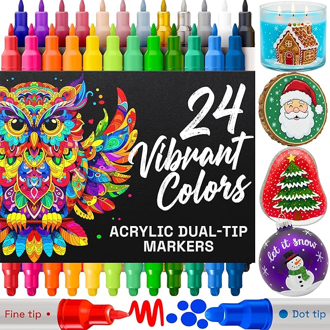 ARTISTRO 24 Acrylic Paint Markers for Rock, Fabric, Wood, Glass, Craft, Decoration - Dual-Tip Paint Pens - Stocking Stuffers, Christmas Gift Idea for Teens, Grandkids, Kids - Art Supplies