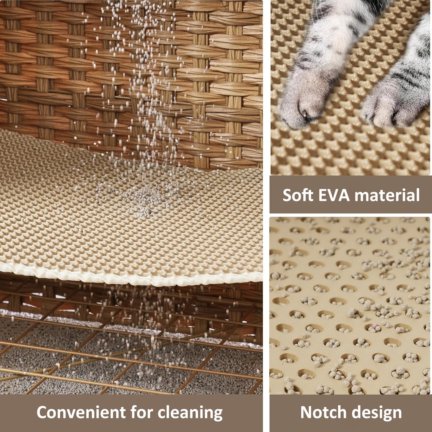 Cat Litter Box Enclosure with Soft Litter Mat; Hidden Cat Washroom Furniture with Door; Handwoven Rattan Kitten House with Large Space; Pet Crate for Living Room, Bedroom, Balcony (Natural)