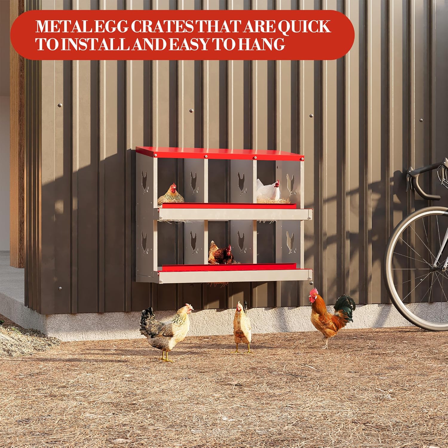 6 Hole Chicken Nesting Box with Roll Out Egg Tray, Rustproof & Ventilated Chicken Laying Boxes for Hens, Chickens, Ducks | Easy-Clean Poultry Coop Accessories