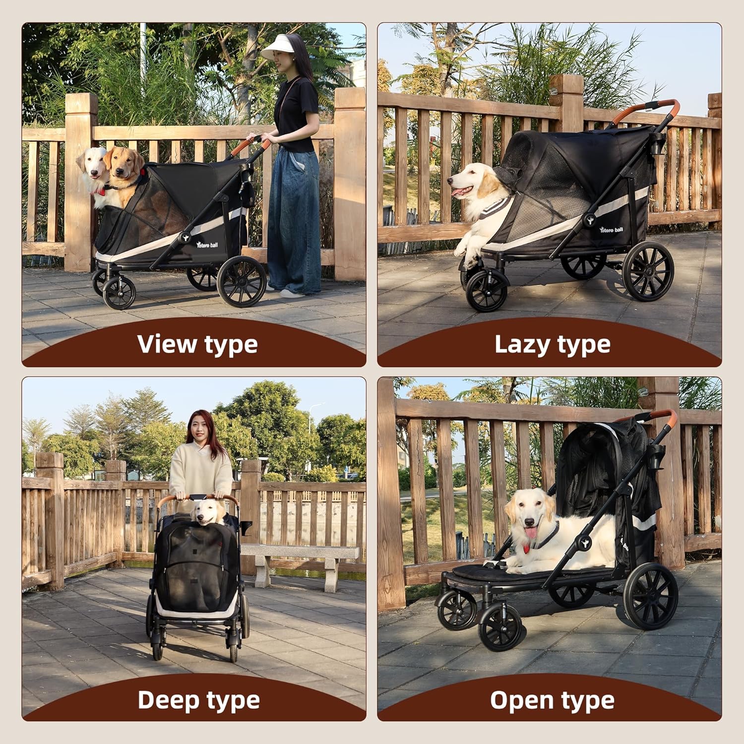 Dog Stroller for Large Dogs One-Click Folding 4 Wheel Foldable Dog Stroller for 2 Dogs with Storage Pocket Suitable for Pets Up to 110LBS (Black, Large)