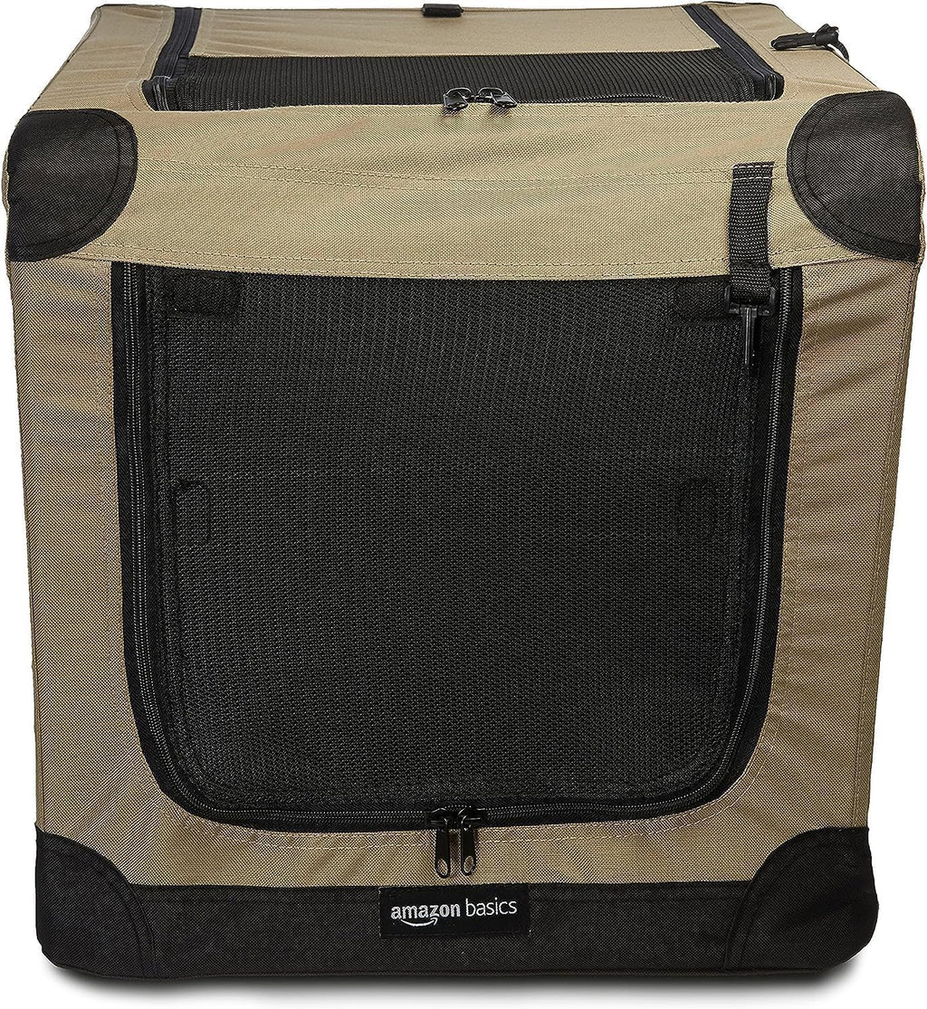 Amazon Basics 2 Door Foldable and Portable Travel Pet Kennel for Cat, Dog, Rabbit, 26 inch, Tan, S 26" x 18" x 18"
