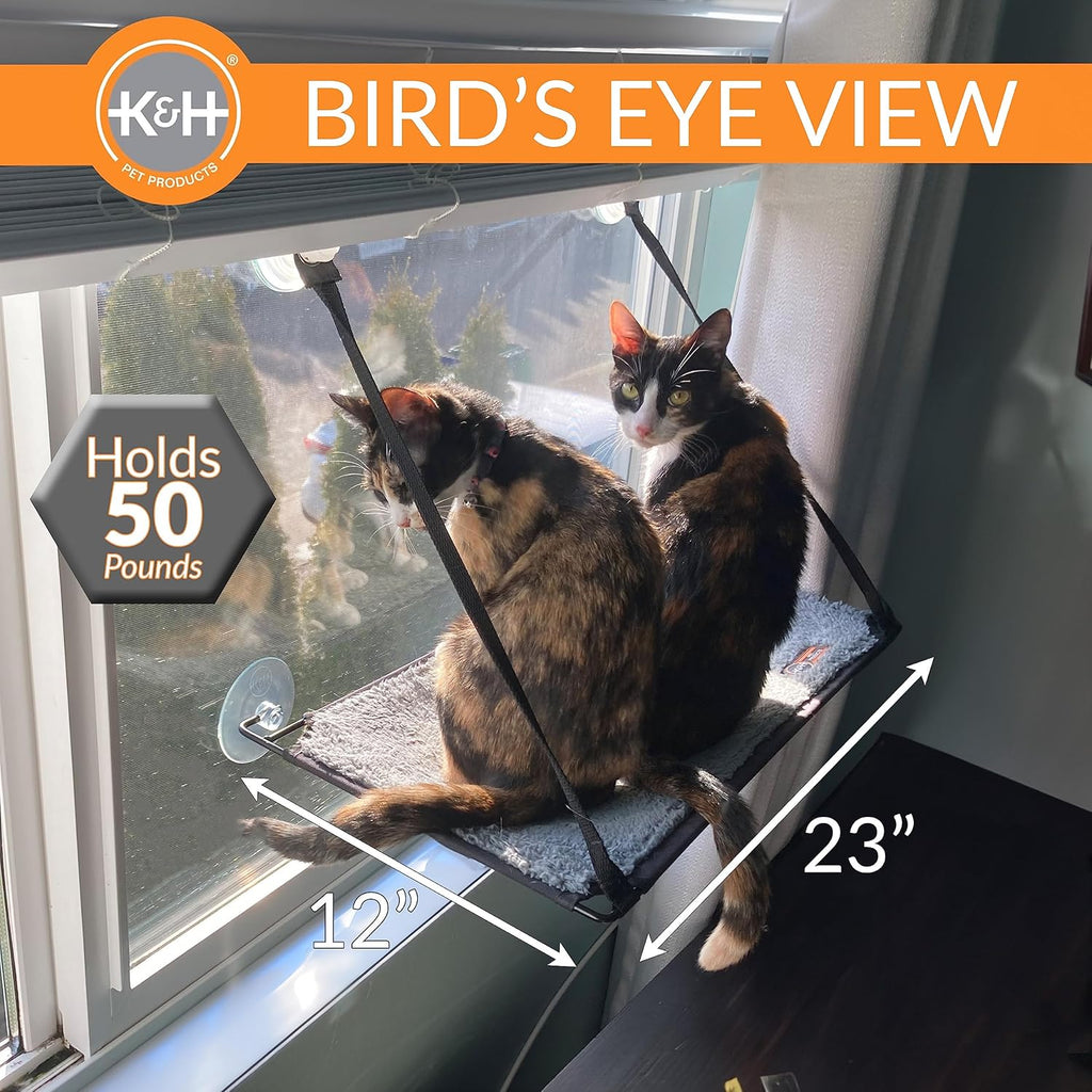 K&H Pet Products EZ Mount Cat Window Perch for Large Cats, Sturdy Kitty Sill Window Hammock Bed, Steel Frame, Sturdy Suction Cups, Washable Shelf Cover, Foldable - Fits 27"W X 23"H Glass Spaces