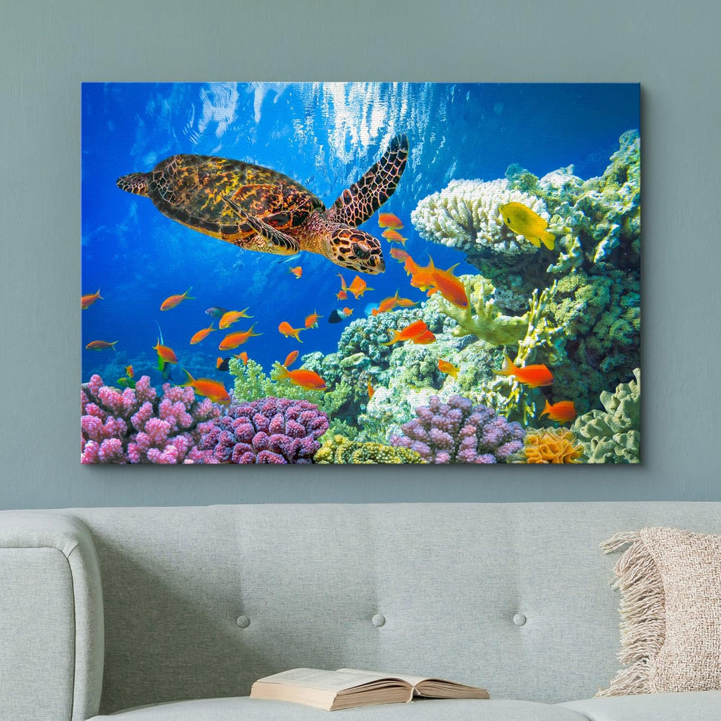 wall26 Canvas Print Wall Art Vibrant Neon Underwater Turtle, Reef & Fish Nature Animals Photography Realism Rustic Scenic Landscape Wilderness Colorful for Living Room, Bedroom, Office - 12"x18"