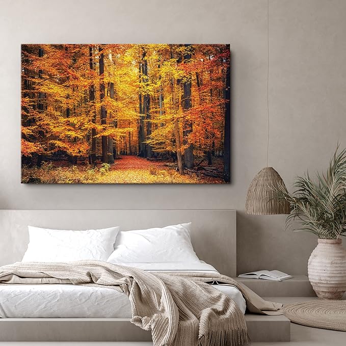 SIGNWIN Canvas Print Wall Art Golden Red Autumn Tree Leaf Forest Trail Nature Wilderness Photography Modern Art Rustic Landscape Relax/Calm Multicolor for Living Room, Bedroom, Office - 16x24