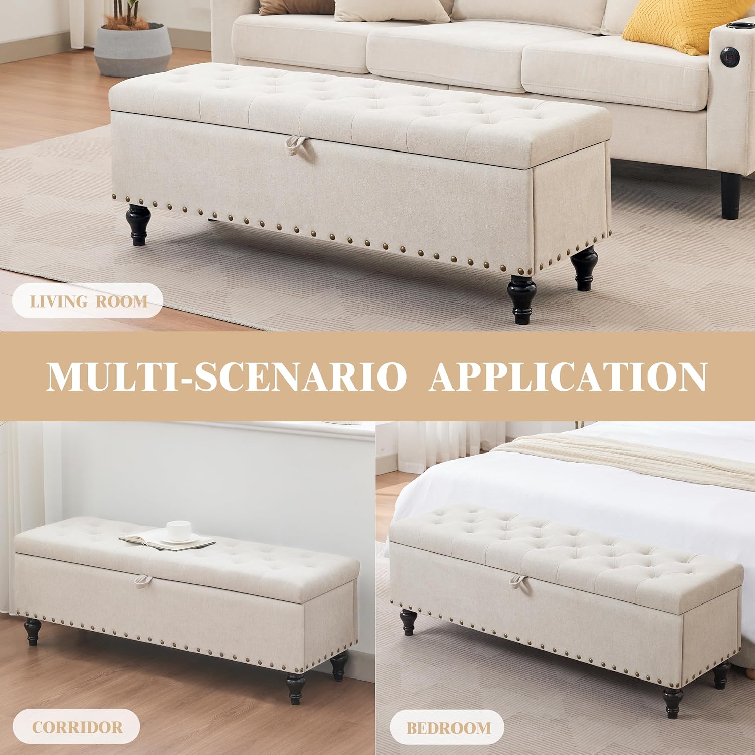 Mangodan51” Linen End of Bed Storage Bench, Tufetd Upholstered Storage Ottoman Bench with Safety Hinge, 330 lb Large Ottoman with Storages for Living Room, Entryway & Bedroom, Window Benches, Beige