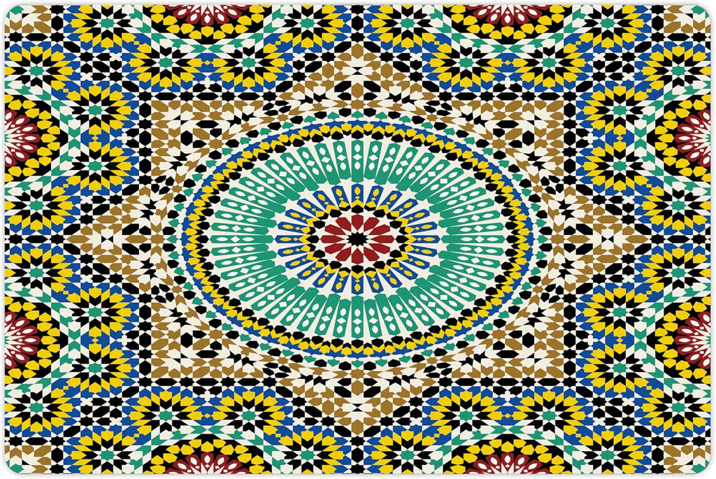 Lunarable Moroccan Pet Mat for Food and Water, Architectural Glaze Wall Tile Ceramic Historical Traveling Destinations, Non-Slip Rubber Mat for Dogs and Cats, 18" X 12", Khaki Blue