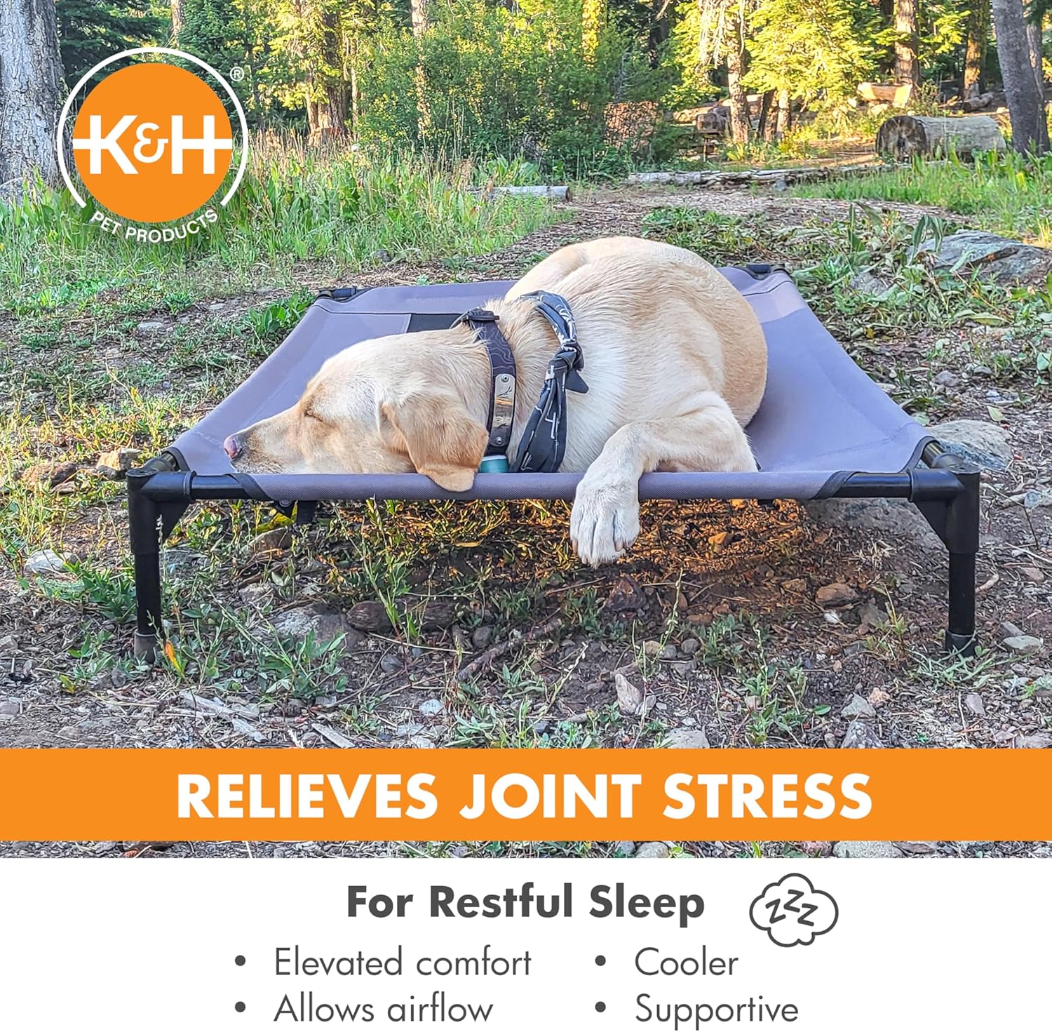 K&H Pet Products Outdoor Elevated Dog Cot, Breathable Cooling Elevated Cot Hammock Pet Bed for Large Dogs, Washable Mesh Cover, Raised Metal Frame, Collapsible, Portable - Large 42 X 30in Gray