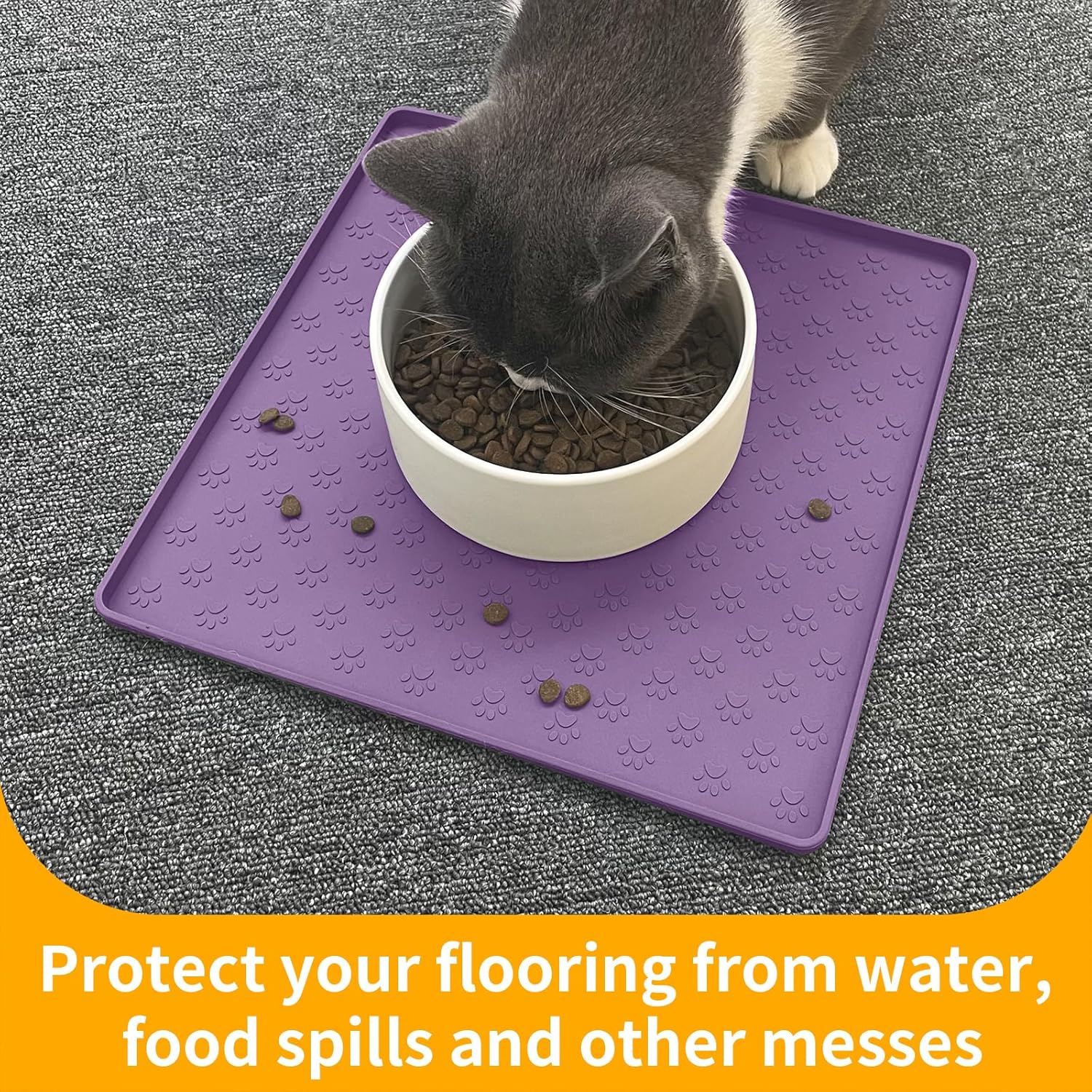 Ptlom Dog Food Mat Anti-Slip Bowl Mats for Food and Water, Waterproof Silicone Pet Placemat with High Raised Edges, Non-Slip Puppy Feeding Tray for Small, Medium Large Cats Dogs, Purple, 11.8"x11.8"