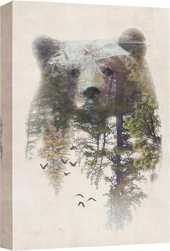 SIGNWIN Canvas Wall Art Bear and Spring Forest Double Exposure Photography Animals Wildlife Digital Art Modern Art Rustic Portrait Edgy for Living Room, Bedroom, Office - 12x18 inches