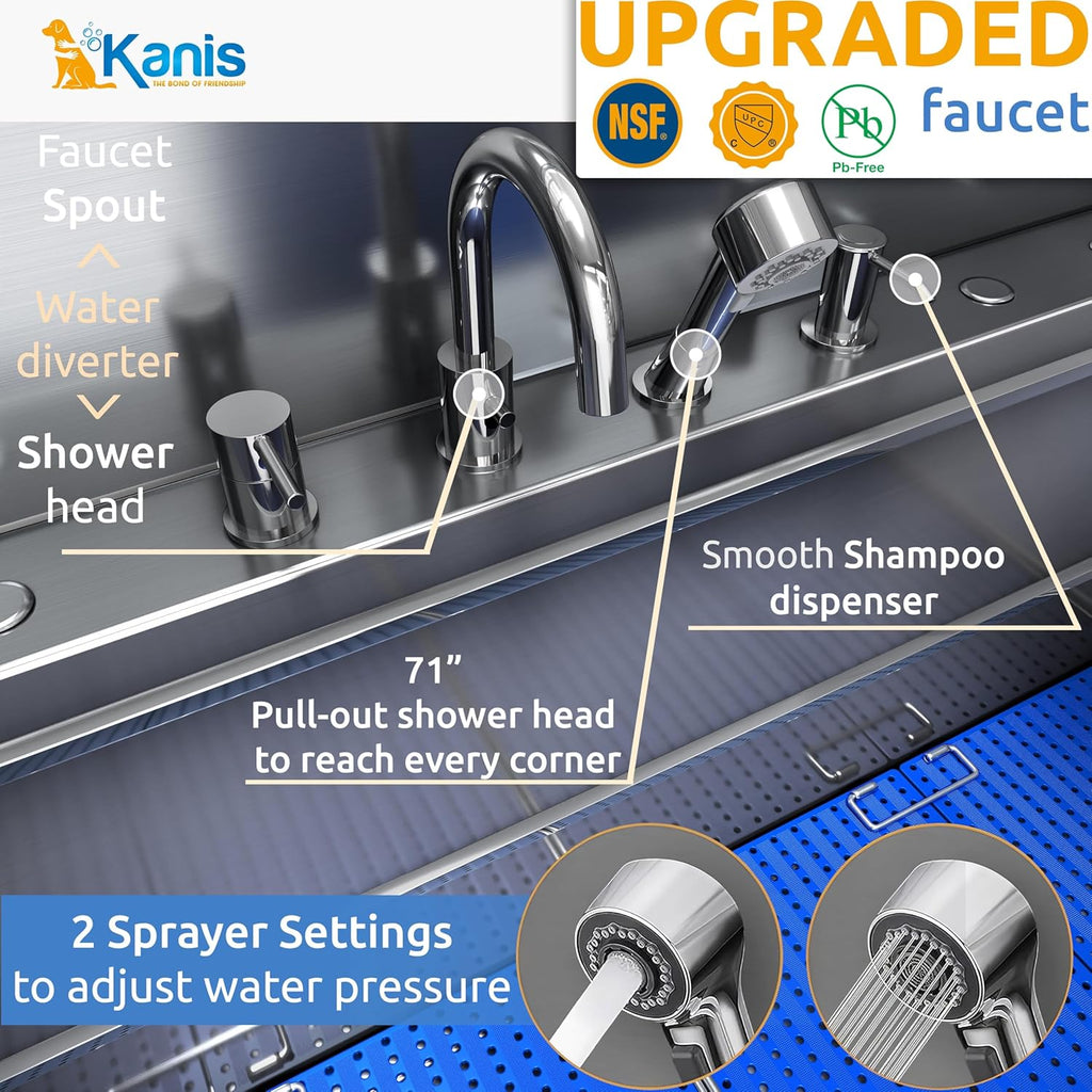 KANIS Professional Dog Washing Station - 304 Stainless Steel Pet Wash Sink & Grooming Bath Tub for Home with Ramp, Shower, Floor Grate, Storage Drawers, and Faucet for Large, Medium & Small Pets