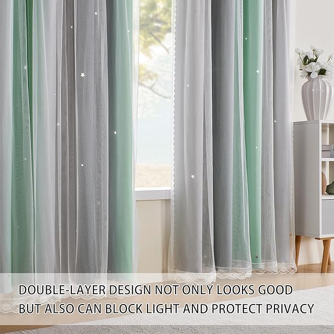 XiDi Green Grey Curtains for Girls Bedroom Decor Kids Blackout Curtains for Nursery Room Darkening Rainbow Princess Unicorn Wall Decals Little Girl Grommet Top 34x45 Inches Long 2 Panels Set
