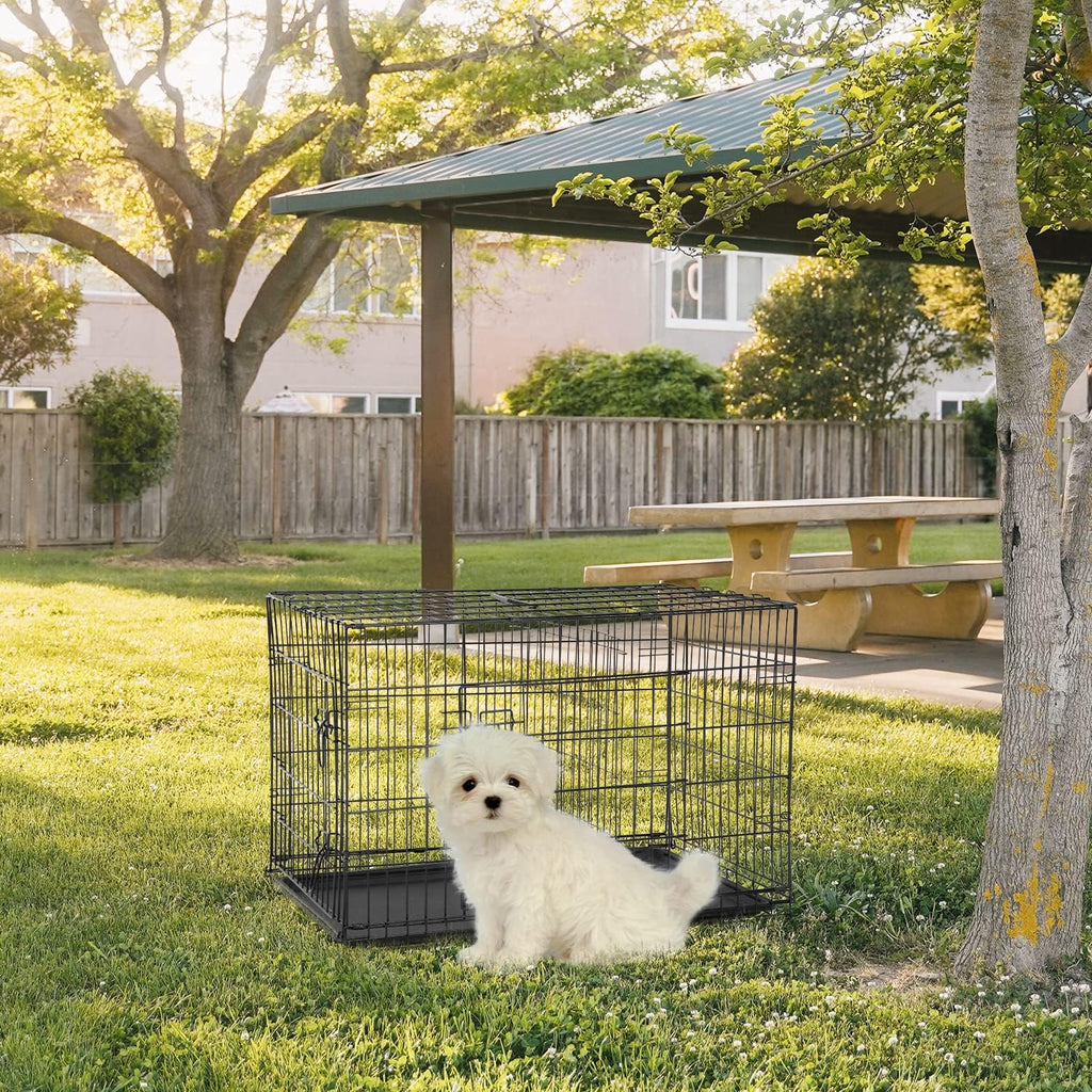 FDW Dog Crate for Small Dogs 24 Inch Folding Metal WirePet Cage Double Door W/Divider Panel Indoor Outdoor Kennel Leak-Proof Plastic Tray,Black