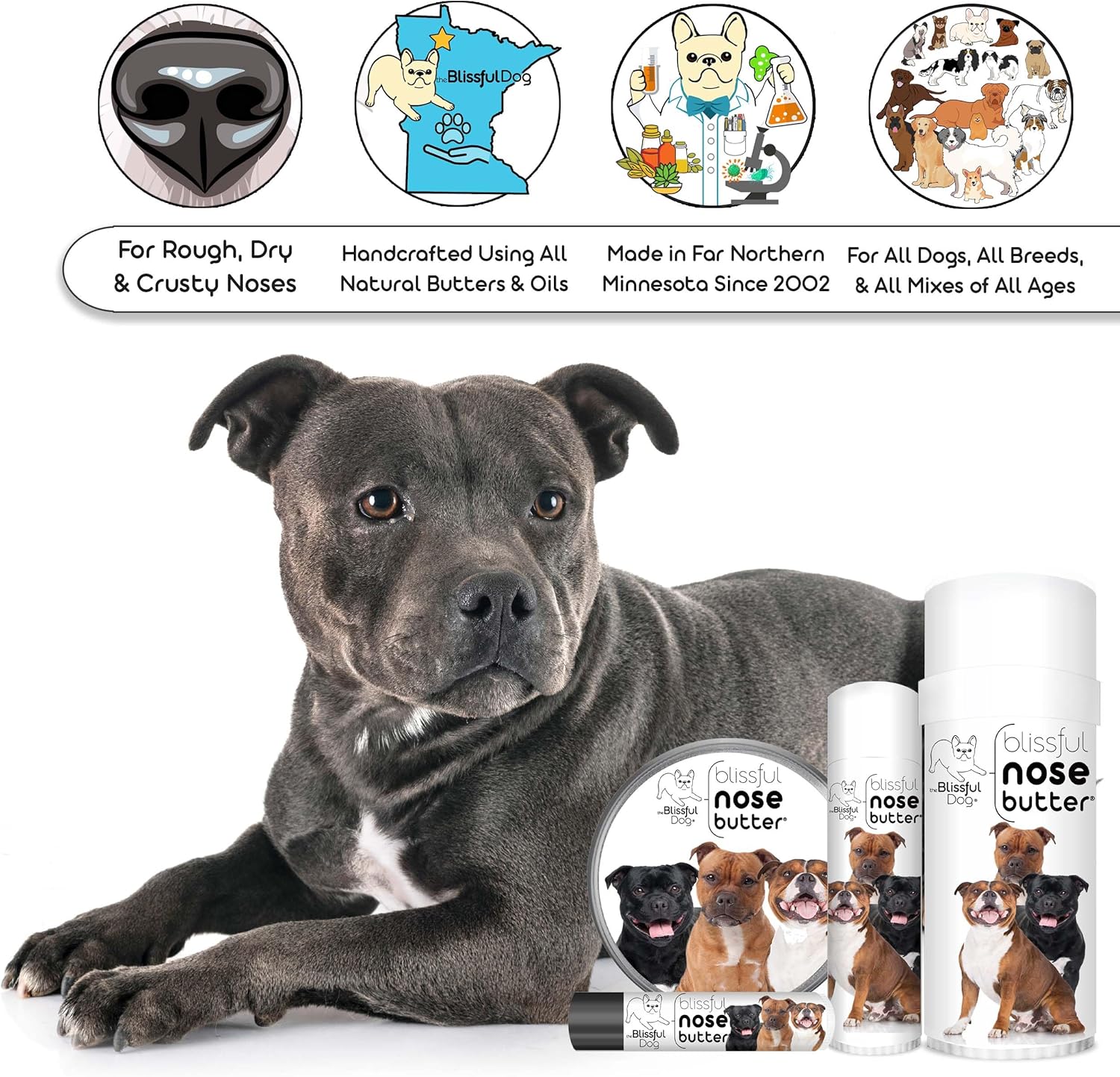The Blissful Dog Staffordshire Pitbull Terrier Nose Butter, Versatile Dog Nose Balm for Dry Nose, Handcrafted Nose Moisturizer, Easy-to-Apply Dog Essentials, Unscented, 2 oz.