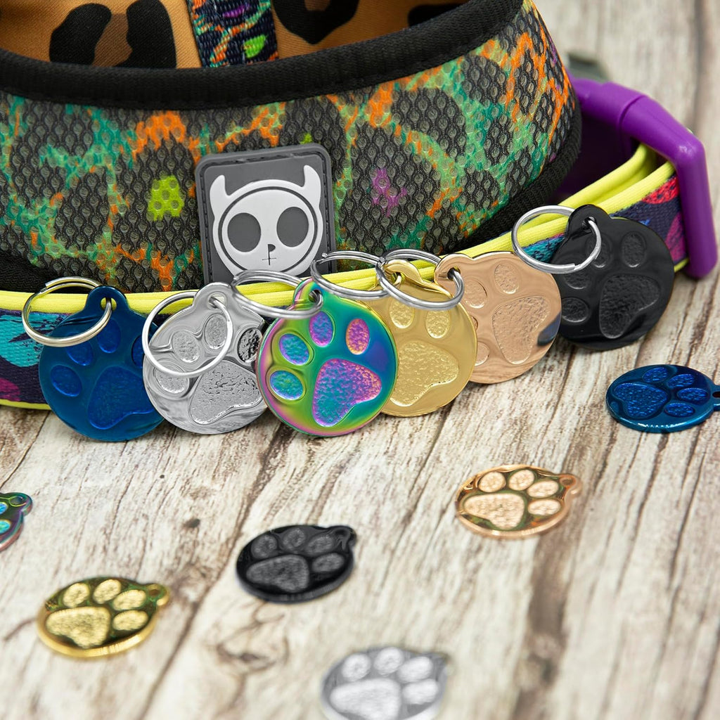 Engraved Pet Tag for Dogs and Cats - Personalized Front & Back up to 4 Lines of Text Custom Engraved ID, Round Paw Print Solid Plating Stainless Steel Silver Regular