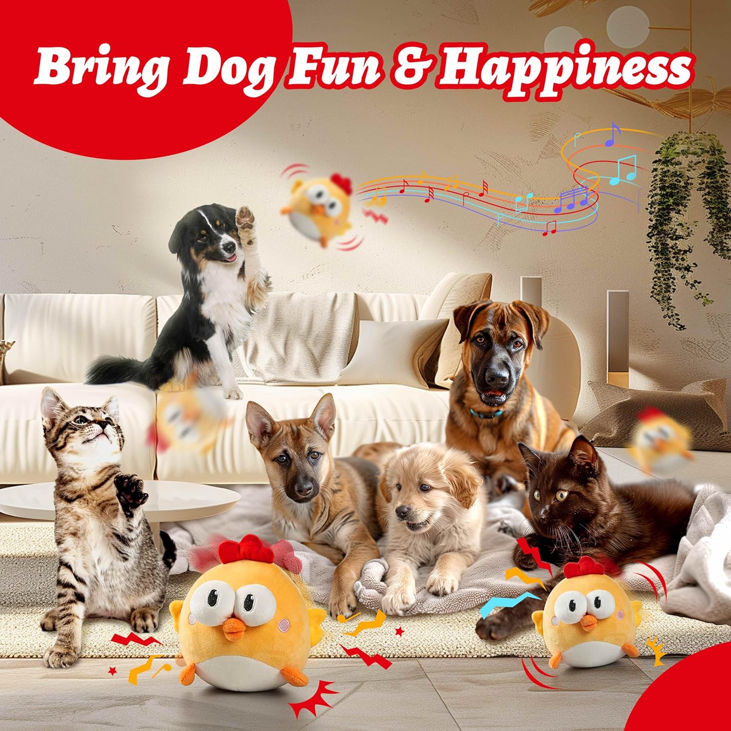 Interactive Dog Toys, Squeaky Moving Ball Toy with Jumping & Music Modes, Rechargeable Plush Chew Toys for Small/Medium/Large Dogs to Keep Puppy Busy Pet Toys (Chick)