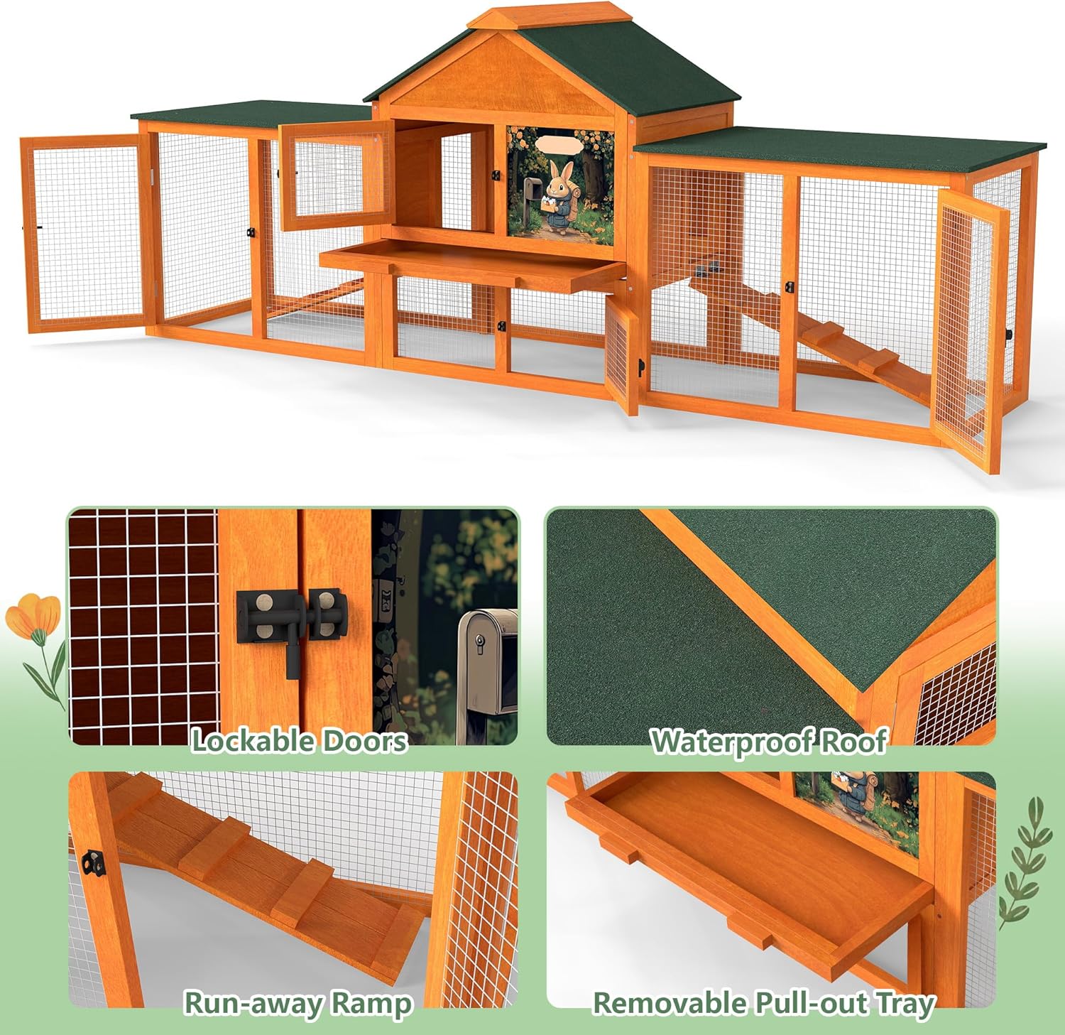 COZIWOW 82” Extra Large Fashion Wooden Outdoor Rabbit Hutch Bunny Cage Indoor Easy to Assemble and Durable with Cleaning Tray & Waterproof Roof for Small & Medium Bunny Rabbit Duck Chick (Orange)