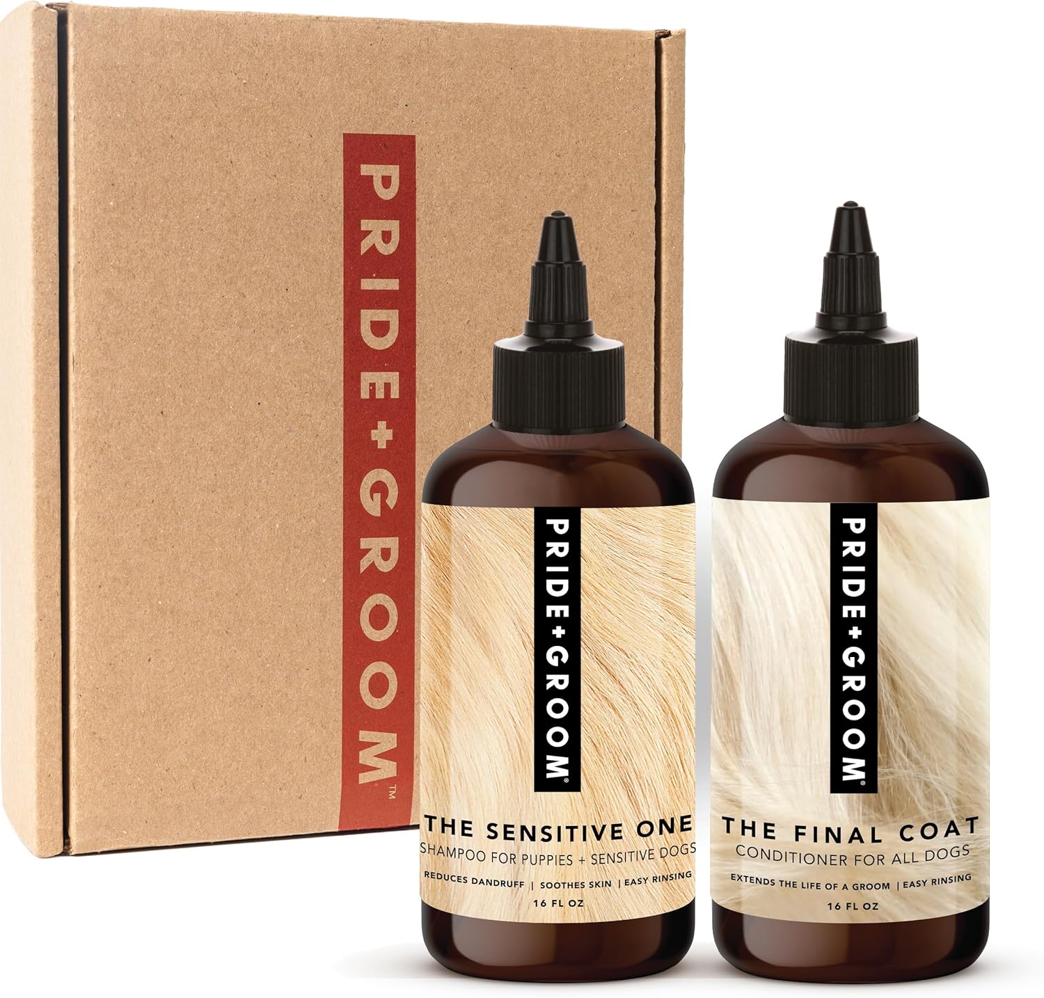 Pride and Groom The Sensitive One Box Set – Dog Shampoo & Conditioner with All Natural Blend of Essential Oils & Ingredients to Soothe, Nourish & Untangle for Long Lasting Shine & Manageability – 32oz