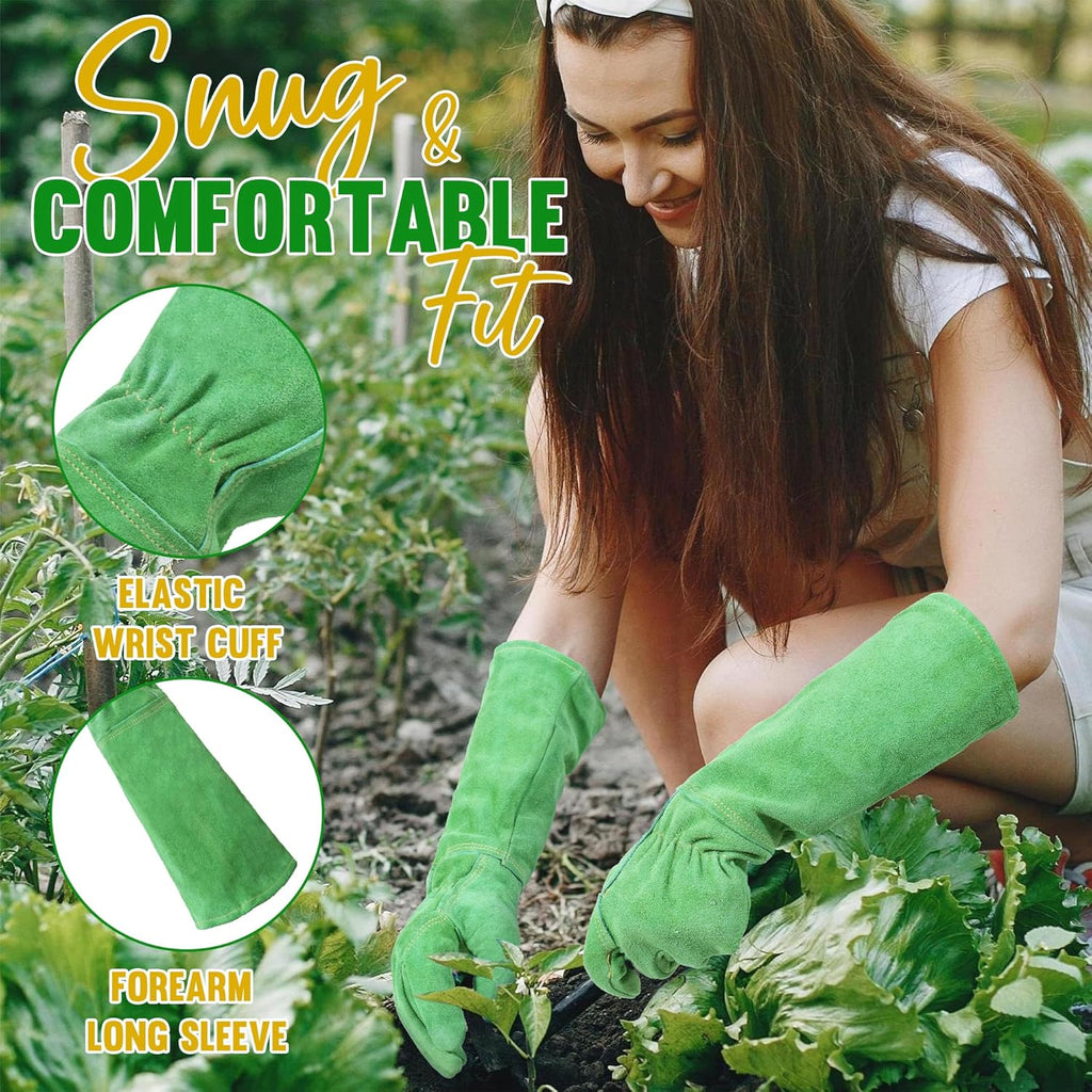 HANDLANDY Leather Gardening Gloves, Thorn Proof Long Gauntlet Heavy Duty Garden Gloves, Elbow Length Rose Pruning Weeding Yard Glove (Medium, Green)