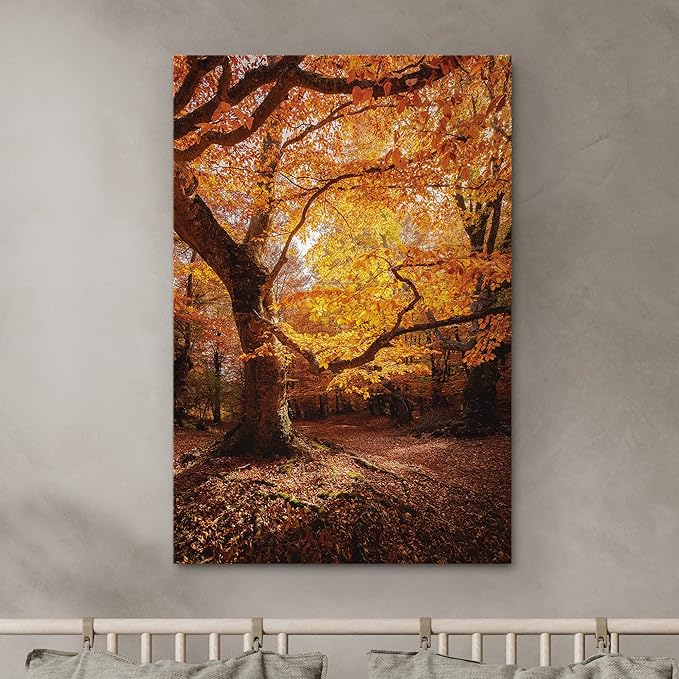 SIGNWIN Canvas Print Wall Art Autumn Red Leaf Oak Tree Forest Nature Wilderness Photography Modern Art Farmhouse/Country Landscape Colorful Multicolor Ultra for Living Room, Bedroom, Office - 24x36