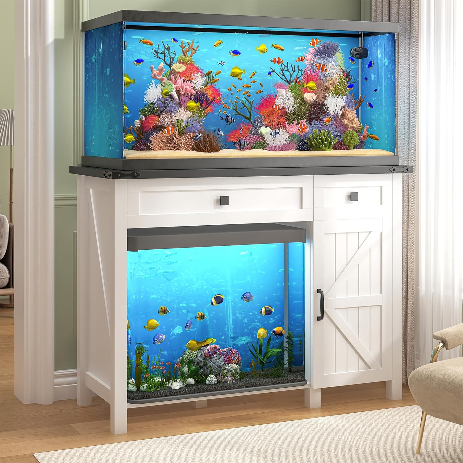 40 Gallon Aquarium Stand With Charging Station, Farmhouse Fish Tank Stand, Reptile Tank Stand Terrarium Stand with Drawer and Cabinet Storage, Sturdy Heavy Duty 41.9"×18.3" Tabletop - White
