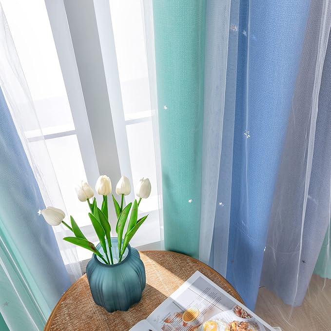 XiDi Blue Green Grey Curtains 63 Inches Long for Girls Bedroom Kids Nursery Boys Room Unicorn Princess Theme Home Decor Room Darkening Window Grommet Drapes Blue Green Grey, W52 X L63 2 Panels