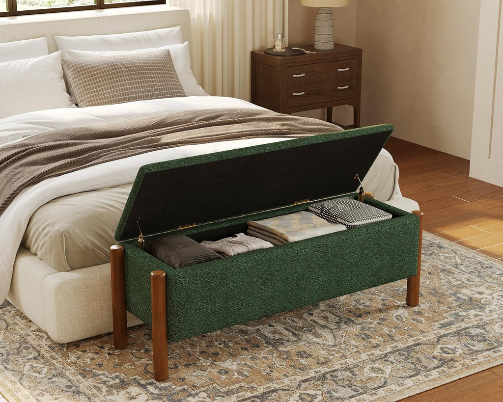 Storage Ottoman Bench, End of Bed Bench for Bedroom, 47" Boucle Upholstered Entryway Shoe Seat Benches, Holds up to 660 lb Storage Ottoman, Padded Blanket Chest Stool Foot Rest for Living Room Green