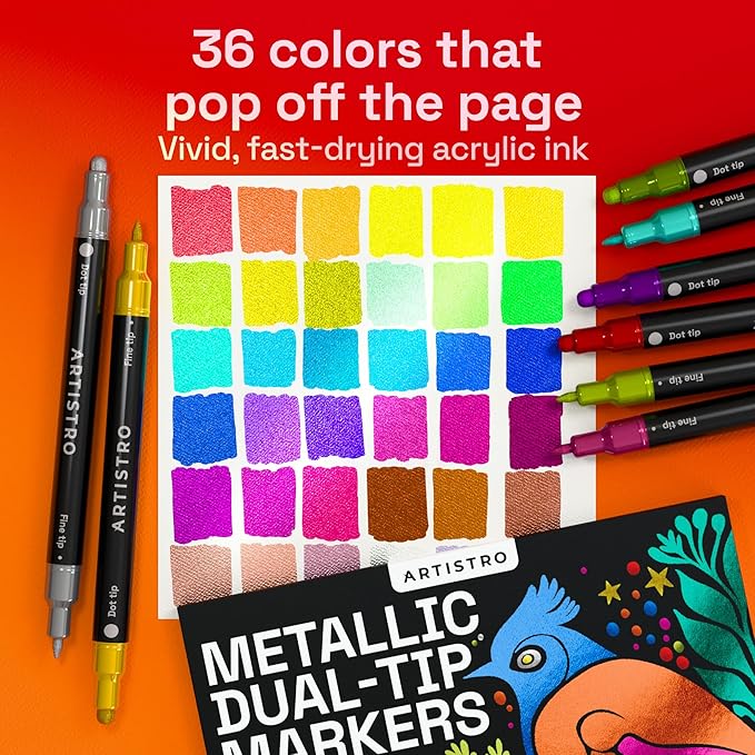 ARTISTRO 36 Metallic Acrylic Paint Markers for Rock, Fabric, Wood, Glass, Craft, Decoration - Dual-Tip Paint Pens - Stocking Stuffers, Christmas Gift Idea for Teens, Grandkids, Kids - Art Supplies