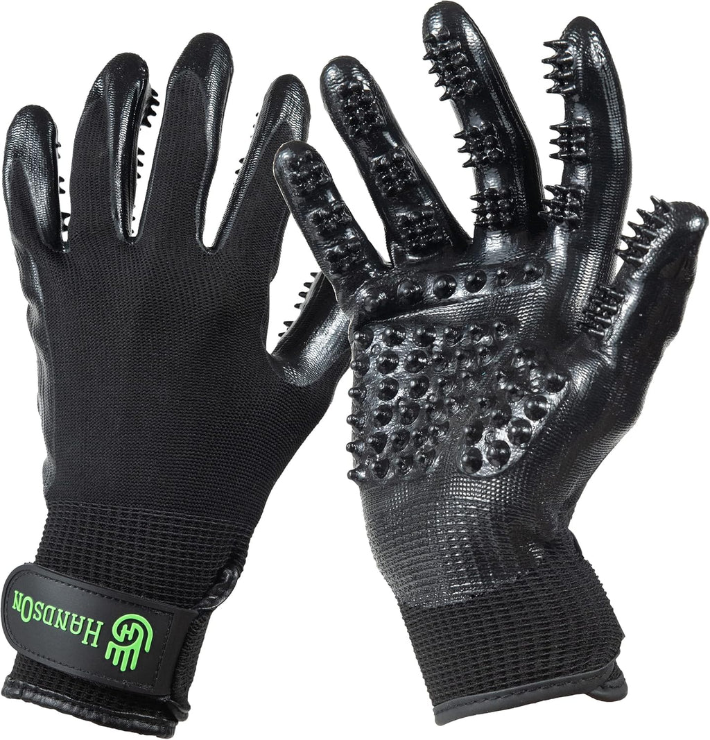 H HandsOn Pet Grooming Gloves - Patented #1 Ranked, Award Winning Shedding, Bathing, & Hair Remover Gloves - Gentle Brush for Cats, Dogs, and Horses (Black, Junior)